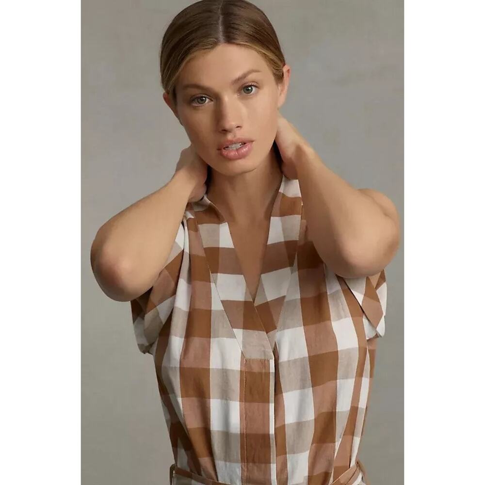 Anthropologie WHIT Two Brown Buffalo Check Gingham Romper Size Small - Picture 6 of 12